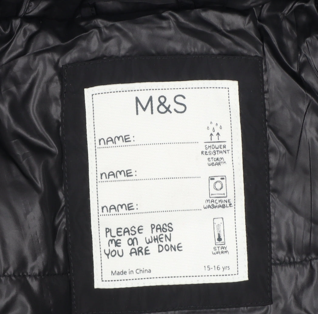 Marks Spencer Girls Black 15-16 Years Long Hooded Puffer Jacket