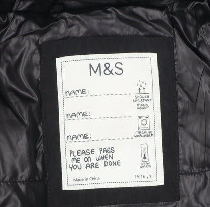 Marks Spencer Girls Black 15-16 Years Long Hooded Puffer Jacket