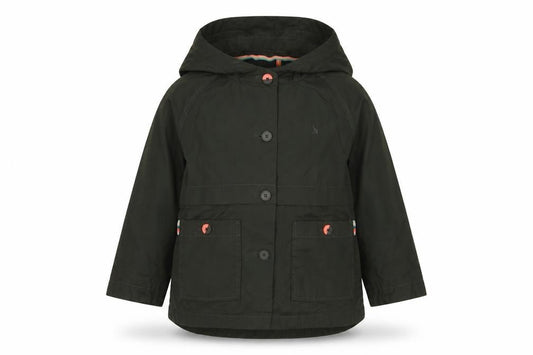 Front view of Joules girls’ black 8 years hooded parka jacket cotton blend lined