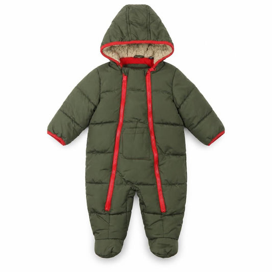Front view of DKNY unisex baby green 6-9 months padded hooded snowsuit