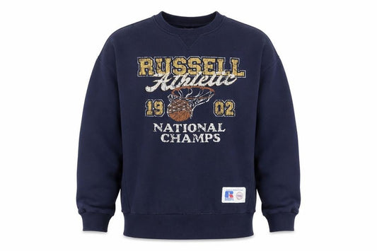 Front view of Russell Athletic unisex adults blue m pullover basketball graphic sweatshirt