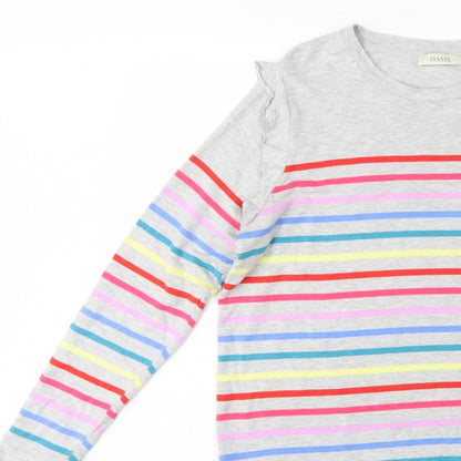 Oasis Women Grey Multicolour Striped Ruffle Long Sleeve Jersey Top L