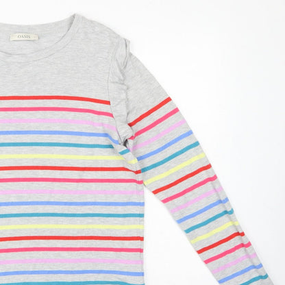 Oasis Women Grey Multicolour Striped Ruffle Long Sleeve Jersey Top L