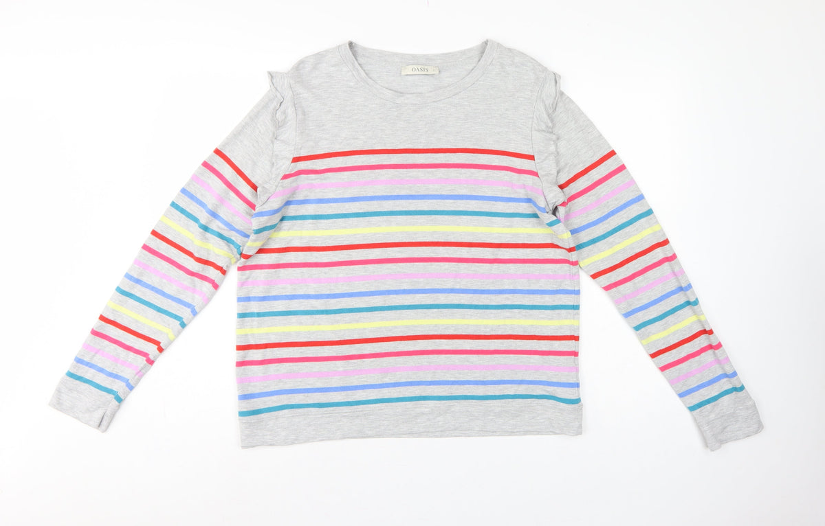 Oasis Women Grey Multicolour Striped Ruffle Long Sleeve Jersey Top L