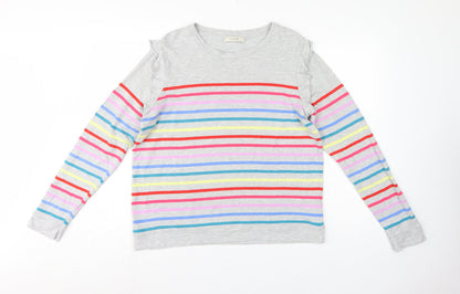 Oasis Women Grey Multicolour Striped Ruffle Long Sleeve Jersey Top L