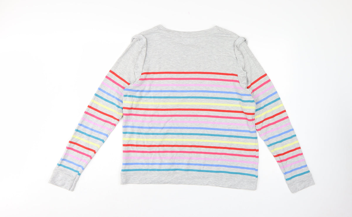 Oasis Women Grey Multicolour Striped Ruffle Long Sleeve Jersey Top L