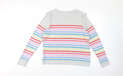 Oasis Women Grey Multicolour Striped Ruffle Long Sleeve Jersey Top L