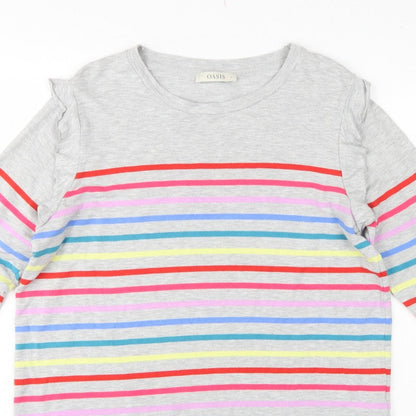 Oasis Women Grey Multicolour Striped Ruffle Long Sleeve Jersey Top L