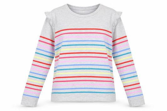 Oasis Women Grey Multicolour Striped Ruffle Long Sleeve Jersey Top L