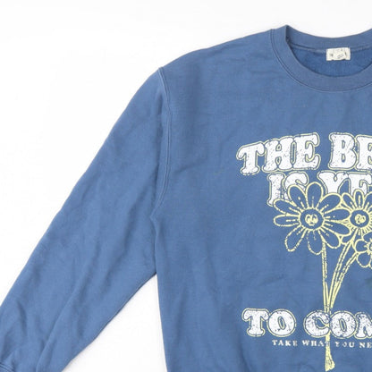 River Island Women Blue M Pullover Sweatshirt Flower Slogan Graphic