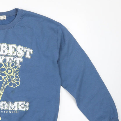 River Island Women Blue M Pullover Sweatshirt Flower Slogan Graphic