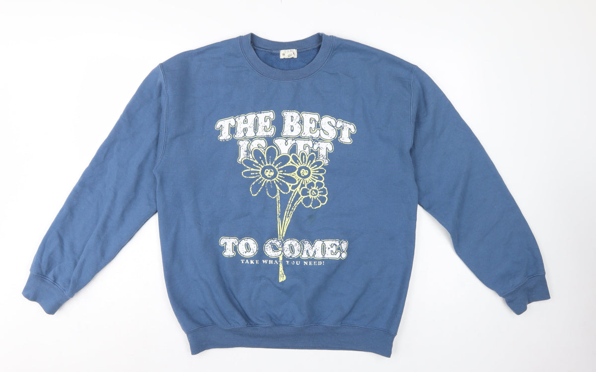 River Island Women Blue M Pullover Sweatshirt Flower Slogan Graphic