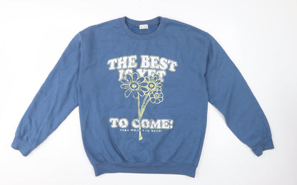 River Island Women Blue M Pullover Sweatshirt Flower Slogan Graphic