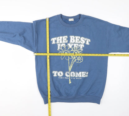River Island Women Blue M Pullover Sweatshirt Flower Slogan Graphic