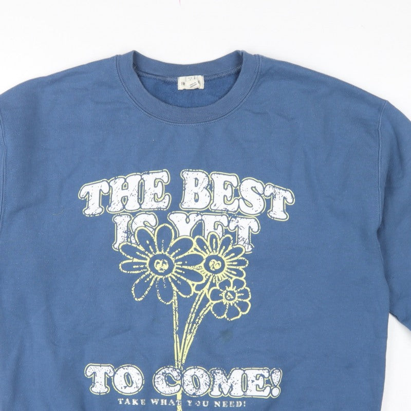 River Island Women Blue M Pullover Sweatshirt Flower Slogan Graphic
