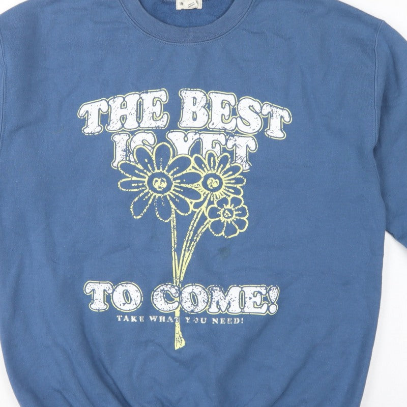River Island Women Blue M Pullover Sweatshirt Flower Slogan Graphic