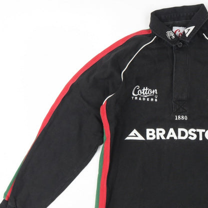Cotton Traders Men Black S Rugby Sweatshirt Henley Embroidered Logo