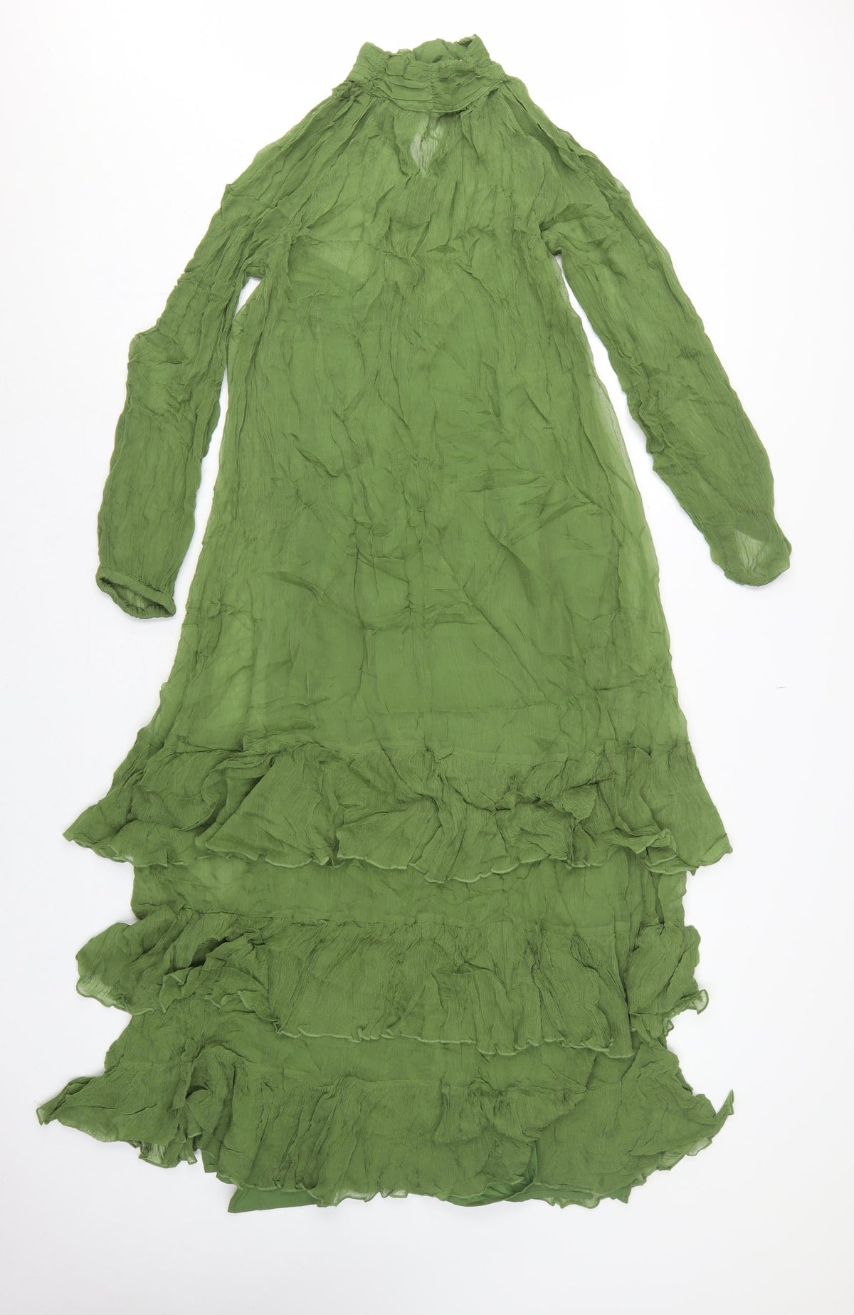 M&S Women Green UK 10 Long Fit & Flare Ruffle Cupro Bohemian Dress