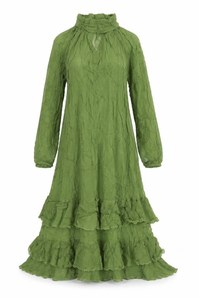 M&S Women Green UK 10 Long Fit & Flare Ruffle Cupro Bohemian Dress