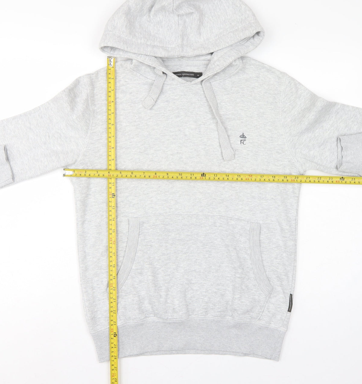 French Connection Men Grey M Pullover Hoodie Embroidered Logo Cotton Blend