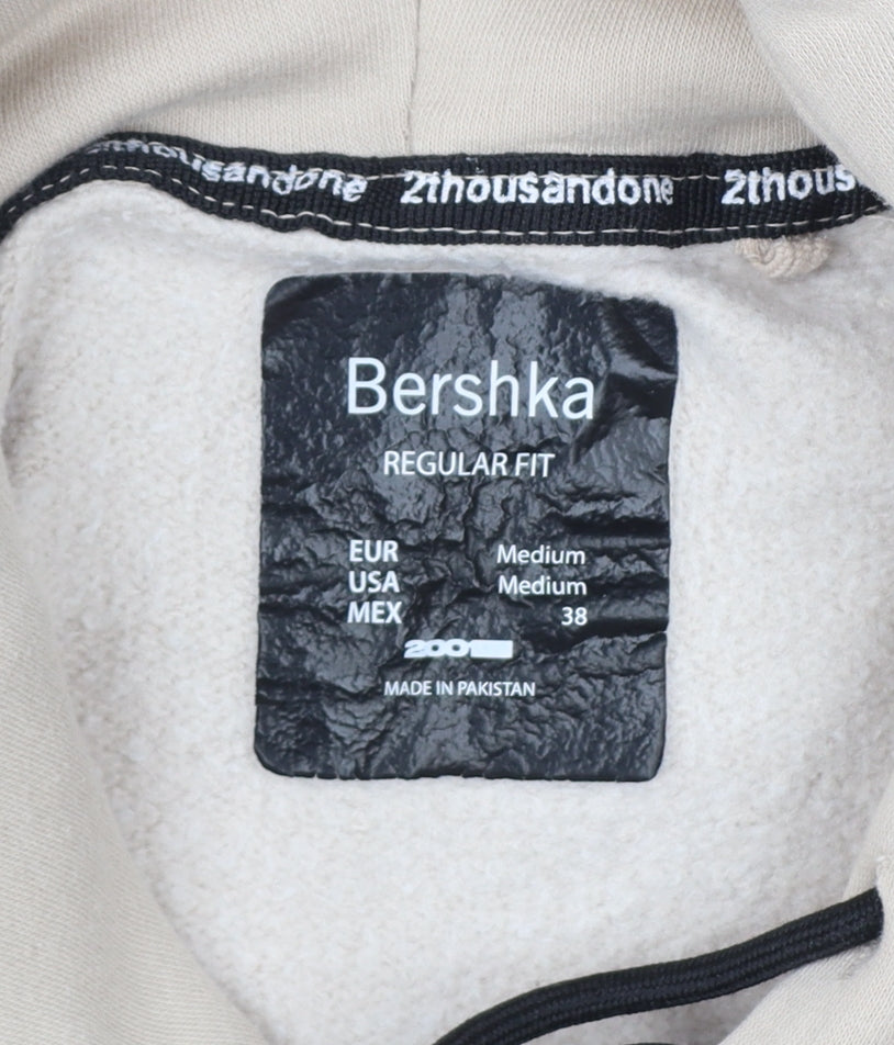 Bershka Men’s Beige M Regular Fit Pullover Hoodie Fleece Pocket
