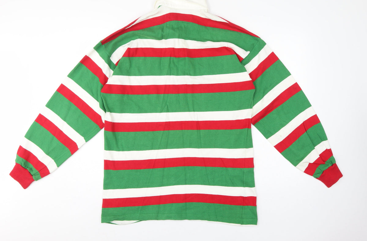 Cotton Oxford Mens L Green Red White Striped Long Sleeve Rugby Polo