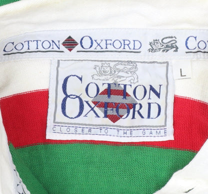 Cotton Oxford Mens L Green Red White Striped Long Sleeve Rugby Polo