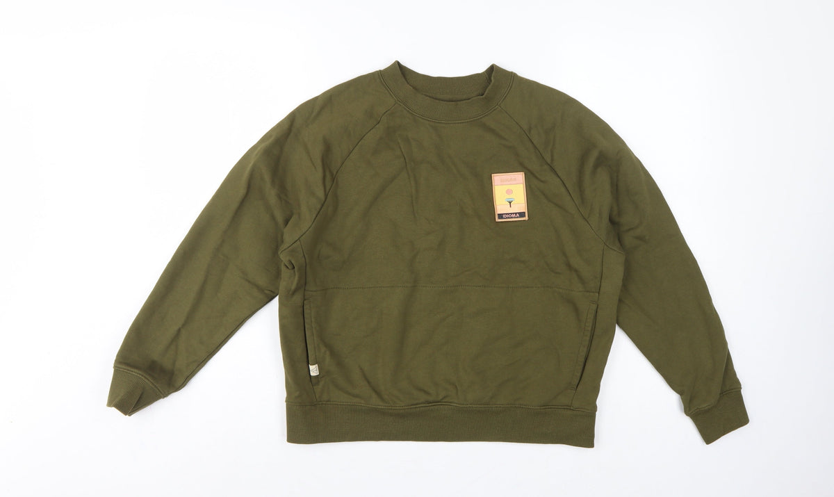 Idioma Women Green XS Organic Cotton Pullover Sweatshirt Pocket Logo