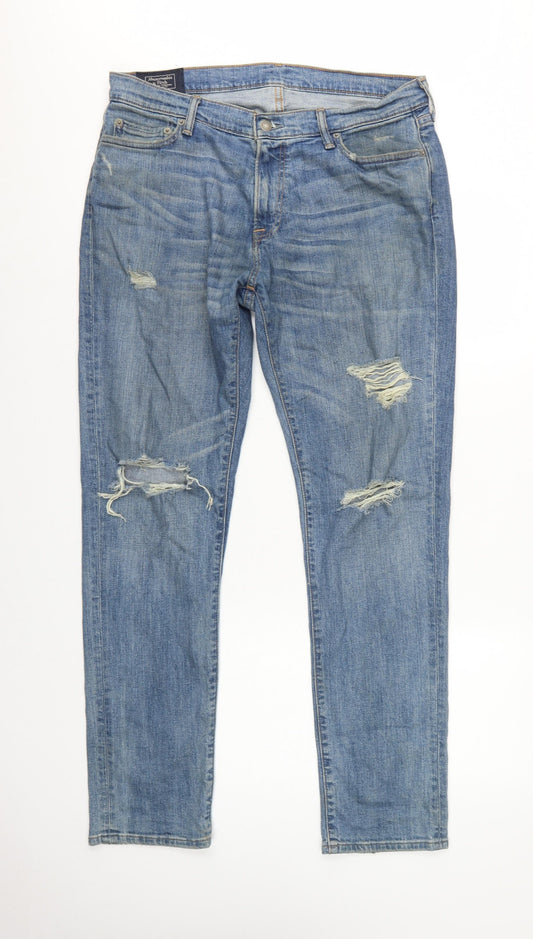 Back view of Abercrombie & Fitch Men Blue W34 L32 Rustin Athletic Slim Distressed Jeans