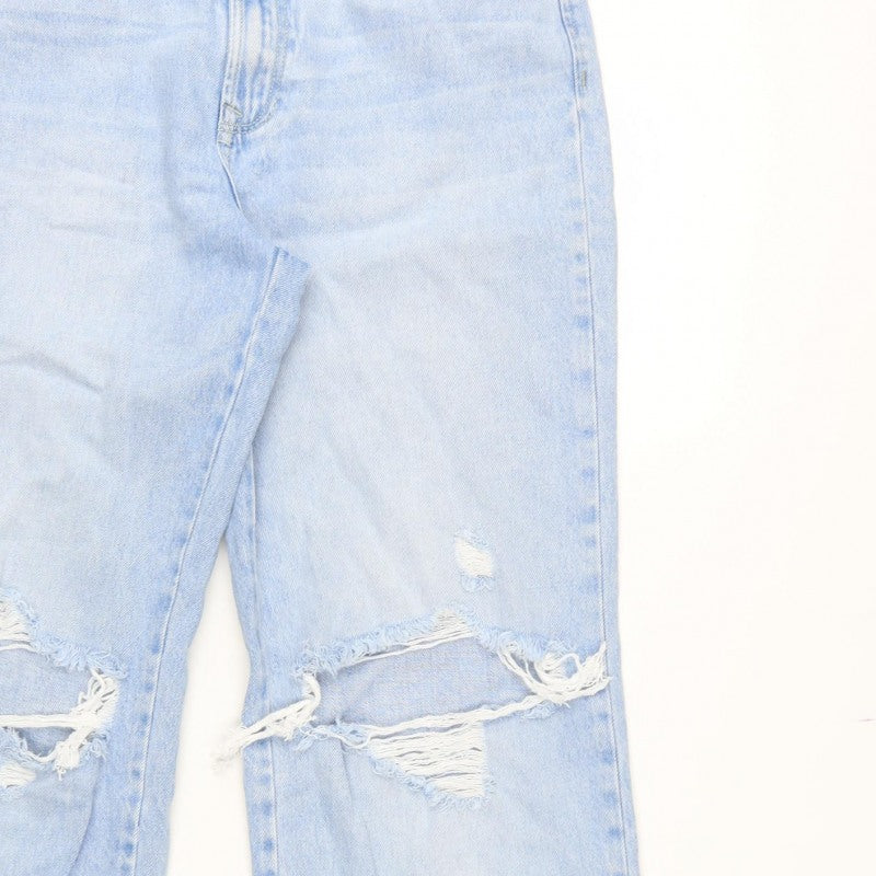 Stradivarius Women Blue UK 12 Long Straight Fit Ripped Jeans