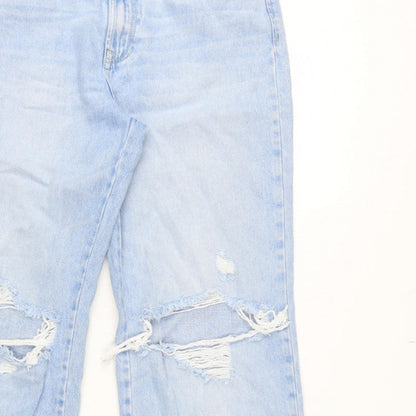 Stradivarius Women Blue UK 12 Long Straight Fit Ripped Jeans