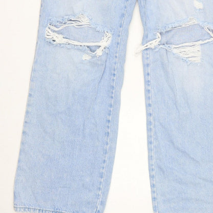 Stradivarius Women Blue UK 12 Long Straight Fit Ripped Jeans
