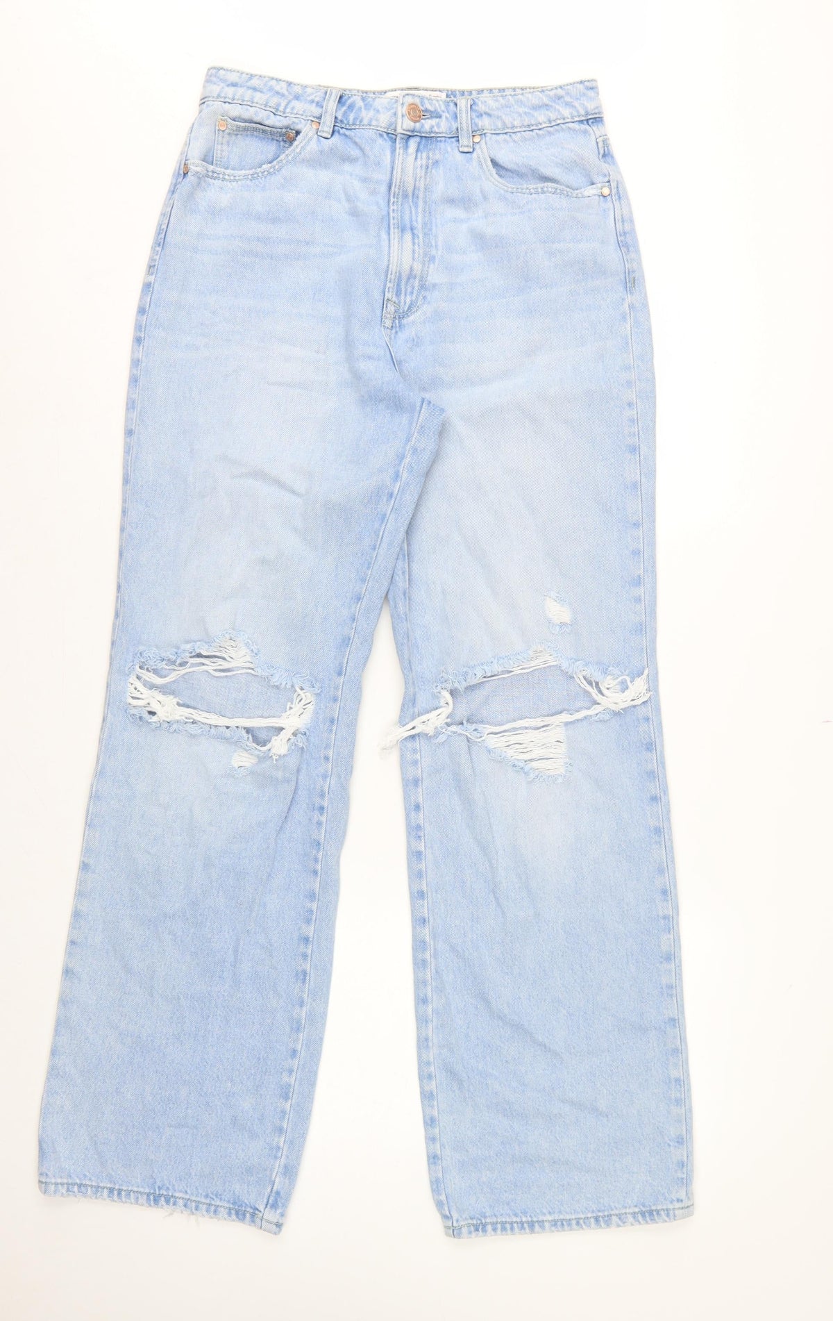 Stradivarius Women Blue UK 12 Long Straight Fit Ripped Jeans