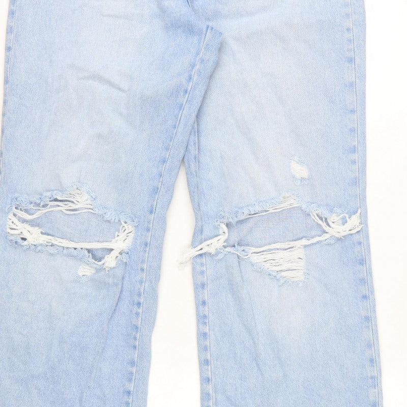 Stradivarius Women Blue UK 12 Long Straight Fit Ripped Jeans