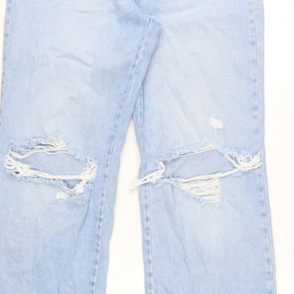 Stradivarius Women Blue UK 12 Long Straight Fit Ripped Jeans
