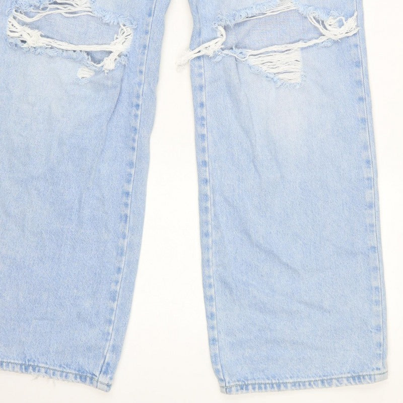 Stradivarius Women Blue UK 12 Long Straight Fit Ripped Jeans