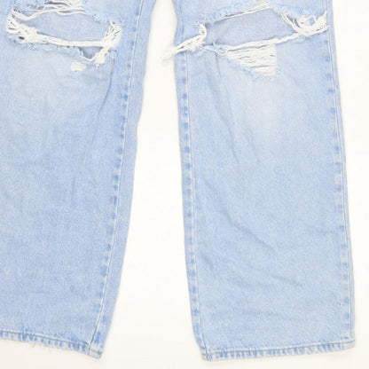 Stradivarius Women Blue UK 12 Long Straight Fit Ripped Jeans