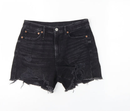 American Eagle Women Black UK 10 High Rise Distressed Denim Cut-Off Shorts