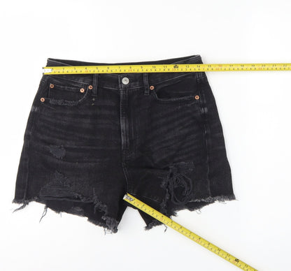 American Eagle Women Black UK 10 High Rise Distressed Denim Cut-Off Shorts