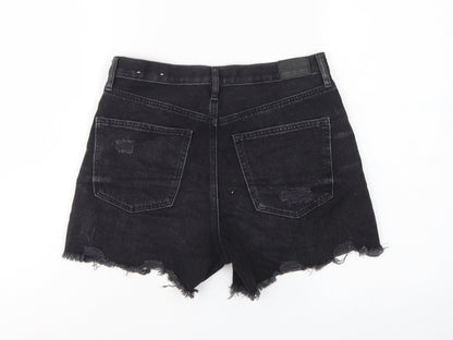 American Eagle Women Black UK 10 High Rise Distressed Denim Cut-Off Shorts