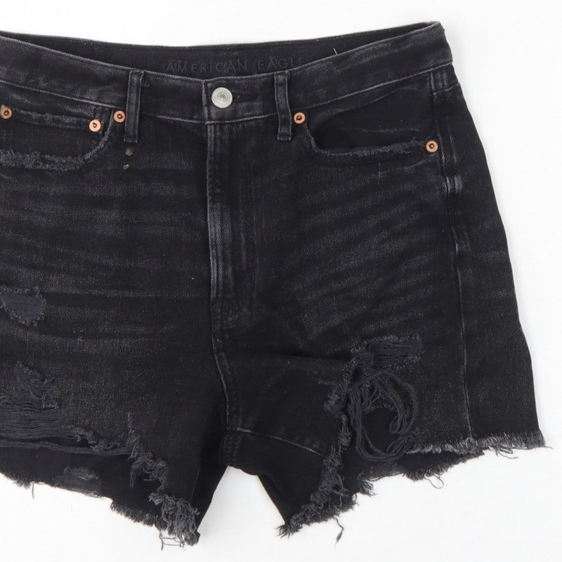 American Eagle Women Black UK 10 High Rise Distressed Denim Cut-Off Shorts