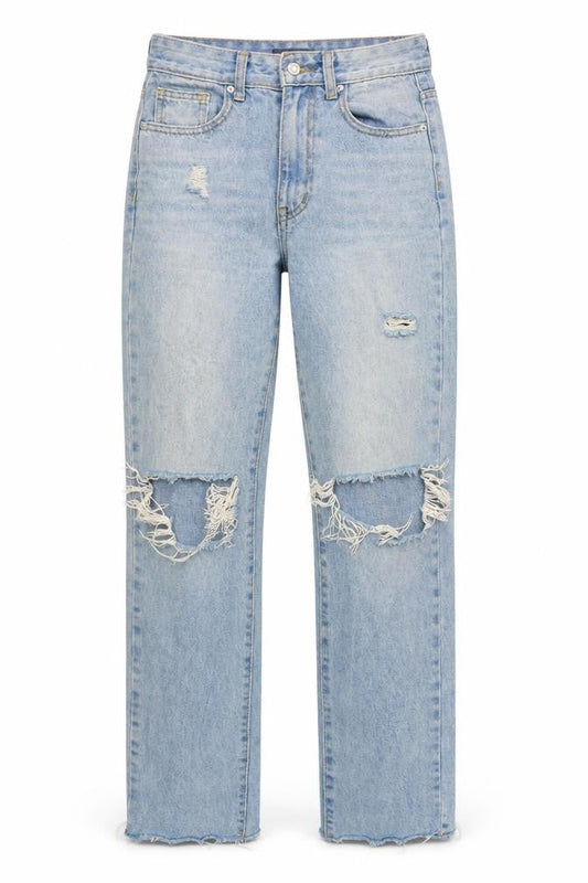 PrettyLittleThing Women Blue UK 6 High Rise Distressed Straight Jeans