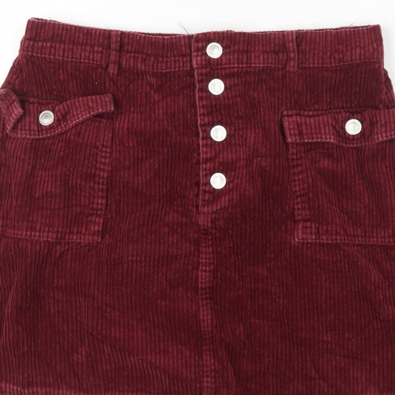 Primark Women Red Corduroy Mini Straight Pencil Skirt UK 14 Pockets