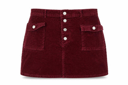 Primark Women Red Corduroy Mini Straight Pencil Skirt UK 14 Pockets