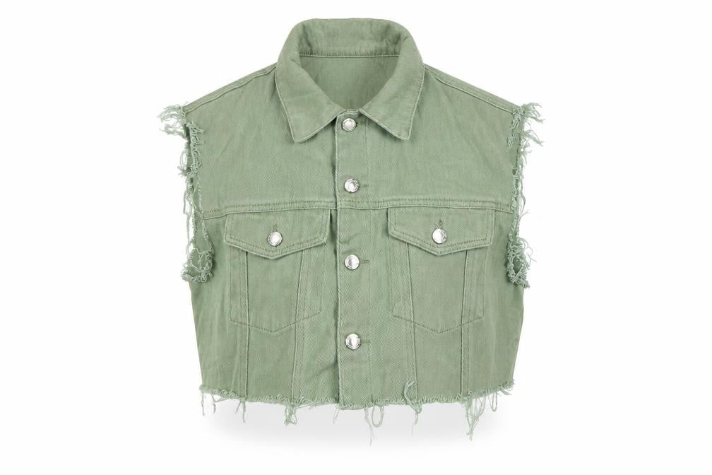PrettyLittleThing Women Green UK 12 Cropped Denim Frayed Waistcoat