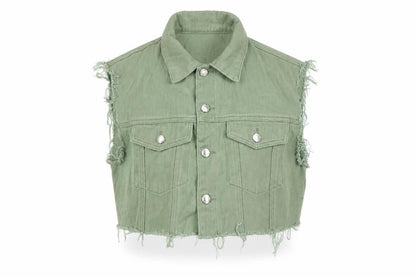 PrettyLittleThing Women Green UK 12 Cropped Denim Frayed Waistcoat