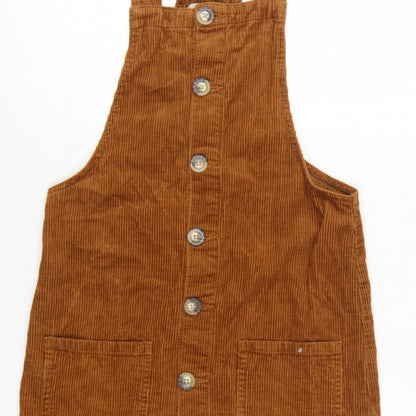 Denim Co Women Brown Corduroy Pinafore Dress UK 8 Button Pocket Mini
