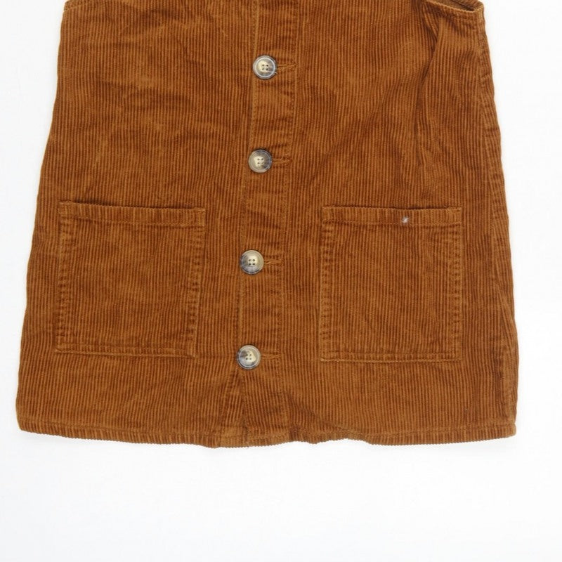 Denim Co Women Brown Corduroy Pinafore Dress UK 8 Button Pocket Mini
