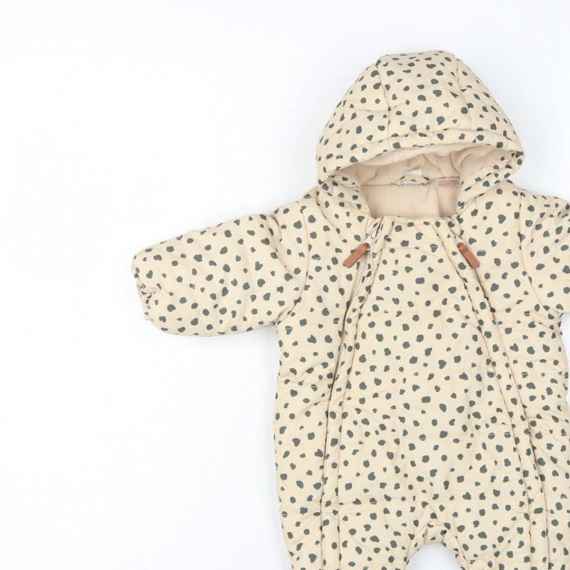 H&M Unisex Baby Beige Spotted Hooded Padded Snowsuit Newborn