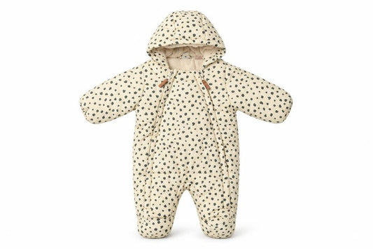 Front view of H&M unisex baby beige spotted hooded padded snowsuit newborn